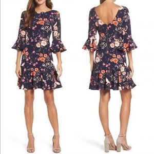 ELIZA J Bell Sleeve Flounce Floral Navy Dress 2 Petite